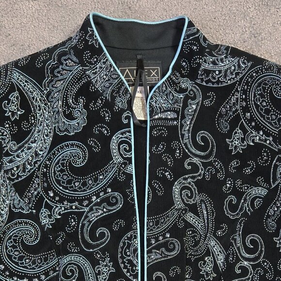 Alex Evenings Black Blue Glitter Paisley Slinky Knit Mock Neck Topper Jacket - Picture 4 of 8